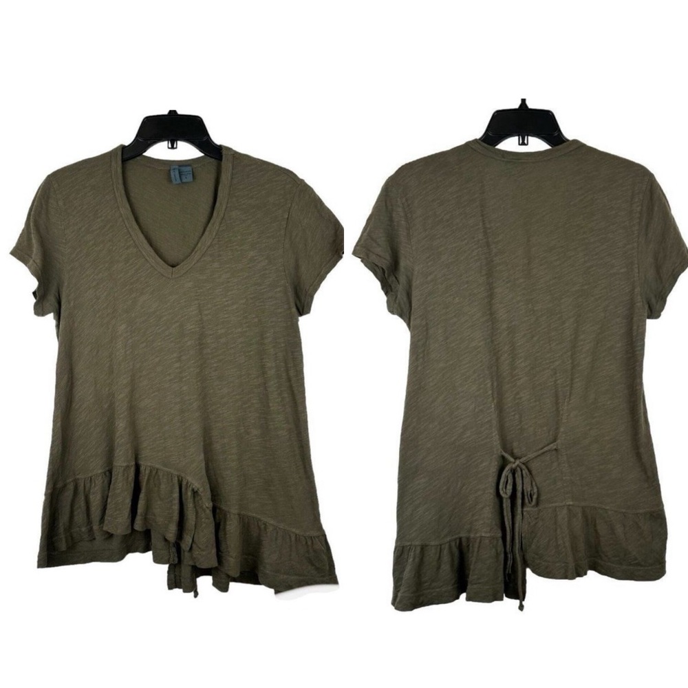 Anthro • Olive asymmetrical tie-back top ruffle size XS